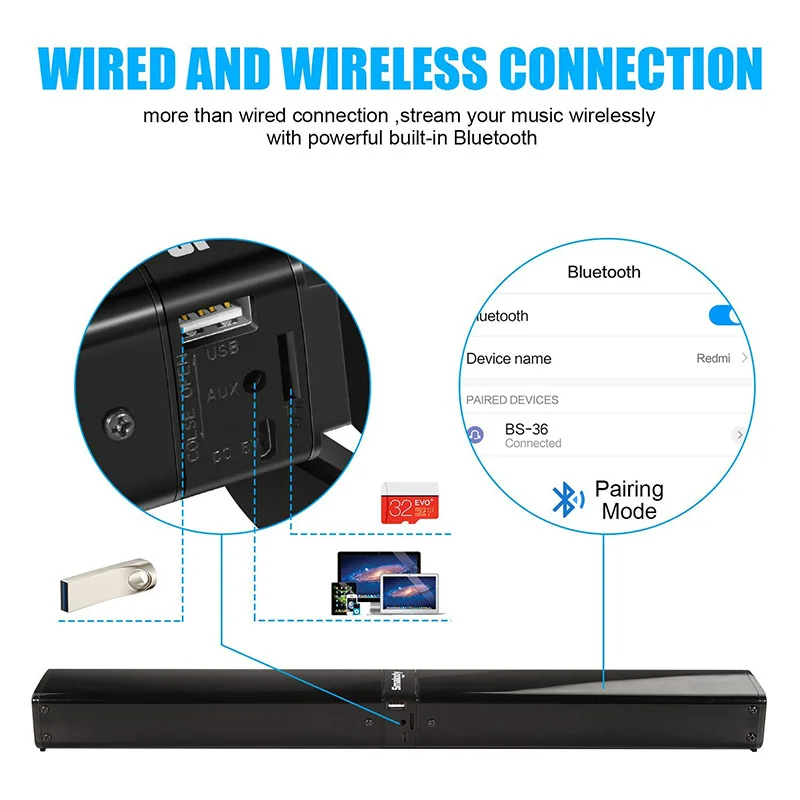 Bluetooth разделяемый Саундбар со встроенным сабвуфером, проводная и беспроводная система объемного звучания для телевизора, ПК, планшета, смартфона