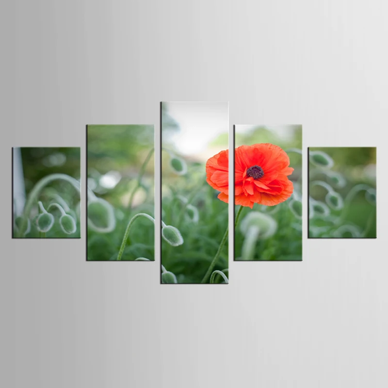 

5 Panel Modern Canvas Painting Wall Art Print Painting Red Poppies Home Decor Flower Print for Living Room