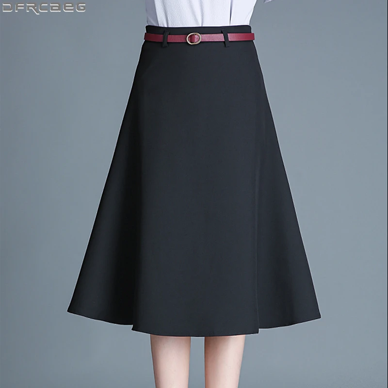 

Elegant Office Skirts Womens Black Pink Khaki Apricot Ladies Midi Skirt With Belt Lining Jupe Femme High Waisted A-line Saias