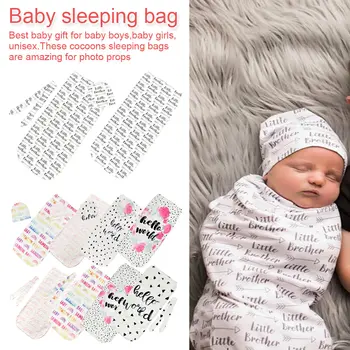 

Baby Sleeping Bags 0-12M Newborn Baby letter Blanket kids photo Swaddle accessories Sleeping Bag + Hat
