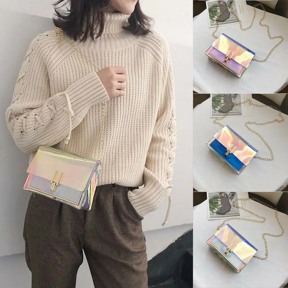 

Holographic Women Handbags Laser Messenger Bags Chain Bag Shoulder Bag Clear Transparent Crossbody Bags Purse Flap