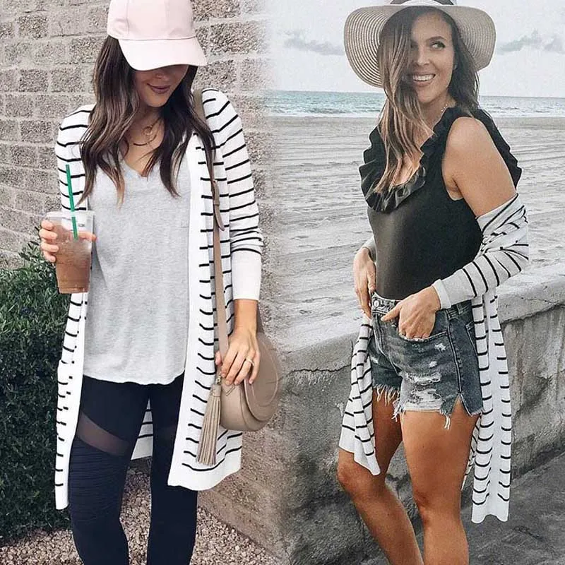 

New Arrival Women Boho Cardigans Long Sleeves Striped Lightweight Loose Sweaters Coat