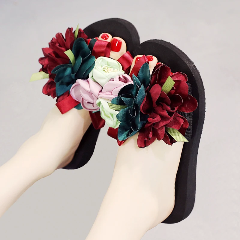 

6 Heel Height Handmade Women Sandals Big Flower Beach Shoes Wedges Summer Slides Plus Size 35-41 Women Slippers