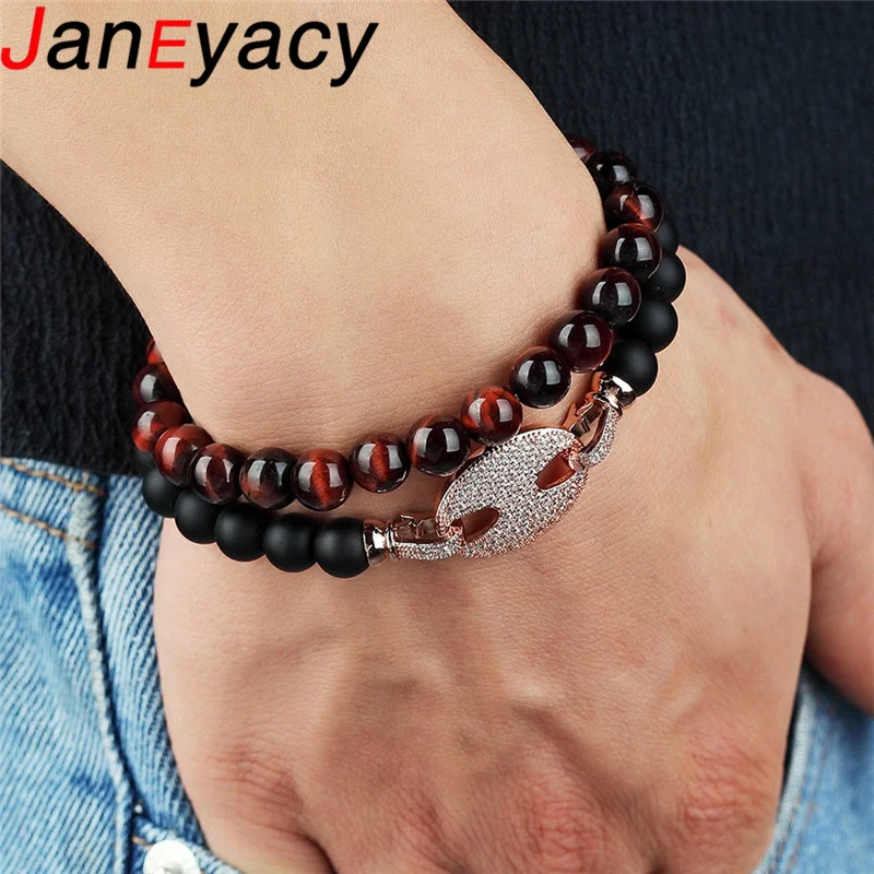 

Janeyacy 2018 New 2pcs/1set 8mm Obsidian CZ Bracelet Men's Natural Stone Beads Bracelet Women's Brand bracelet Pulseras