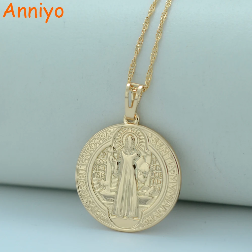 Anniyo цвета золота Saint Benedict круглая медаль подвесное ожерелье классическое