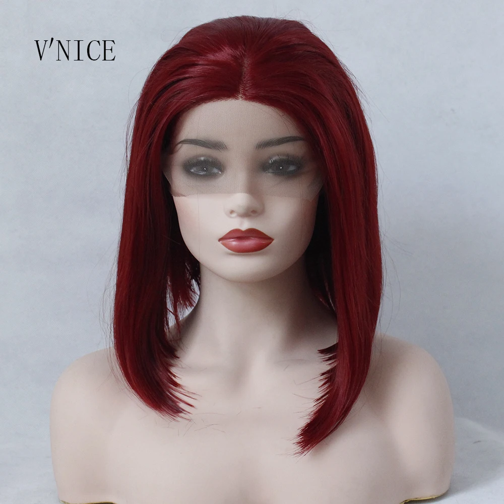 Buy V Nice Wine Red Short Bob Middle Part Wig Hand Tied Hair Heat Resistant