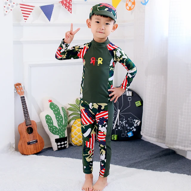 Cheap 2018 new Camouflage print Long-sleeved sunscreen handsome boy swimwear Beach trousers shorts Children's swimsuit 