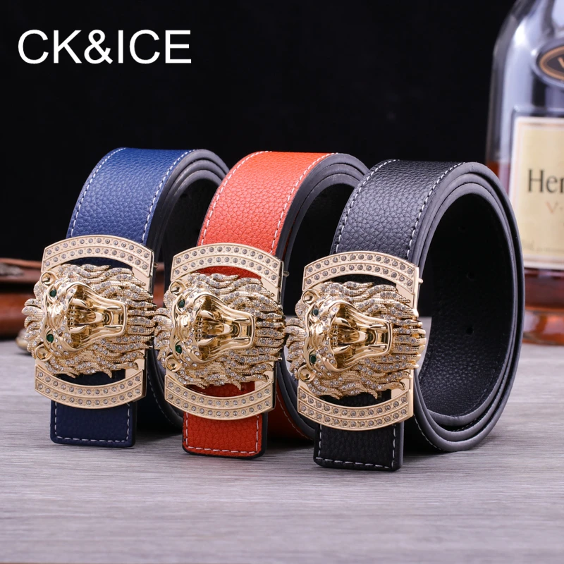 Brand Designer Leather Belts for Men Women Belt Diamond Lion Head Smooth Buckle Cowskin Genuine