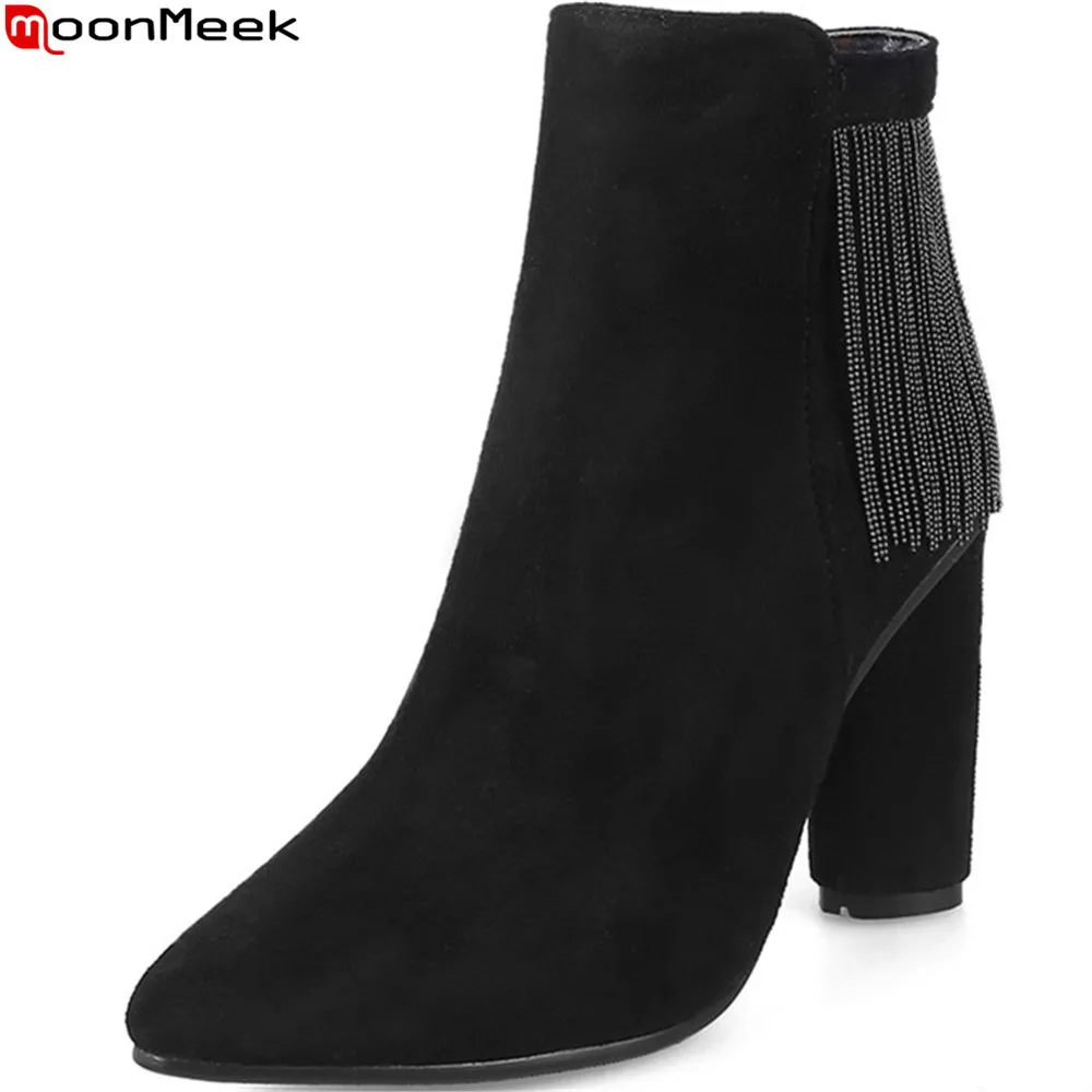 

MoonMeek fashion black pink women boots flock pointed toe ladies boots zipper chain autumn winter ankle boots plus size 33-45