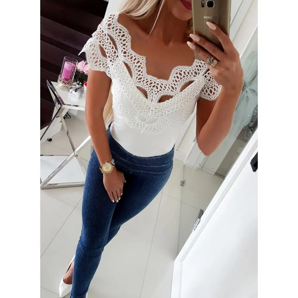 

2019 New Yfashion Women Sexy Large Neck Lace Boat Collar Comfortable Tops