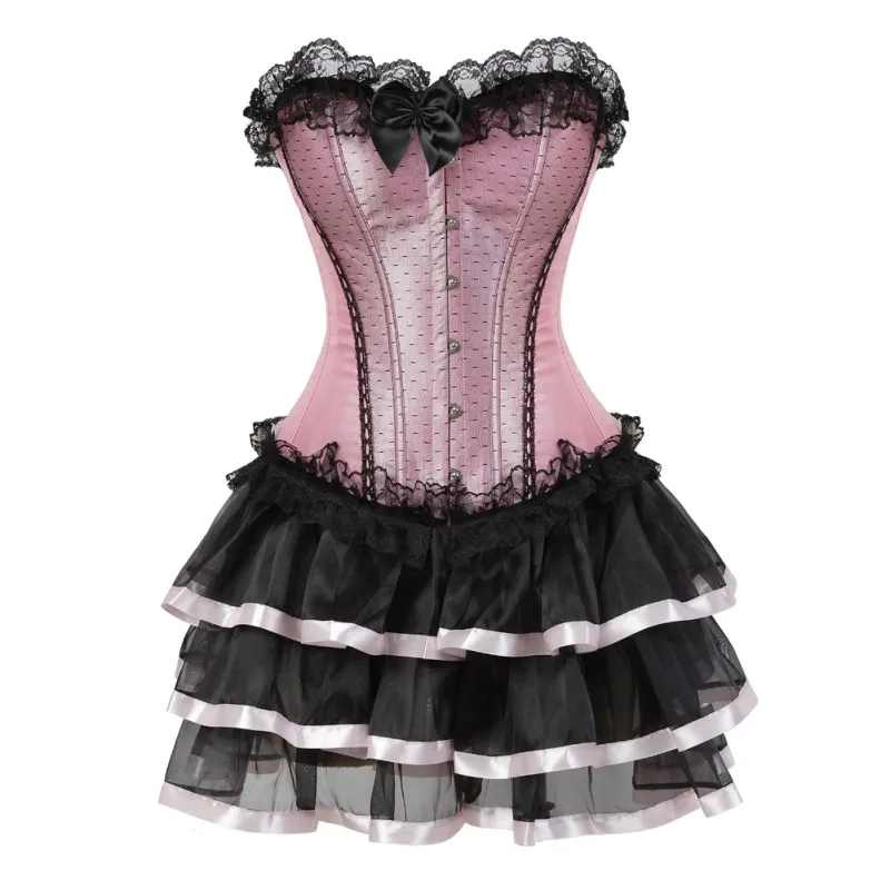 

Sexy lace corsets for women plus size costume overbust vintage corset dress set tutu corselet victorian corset skirt Pink