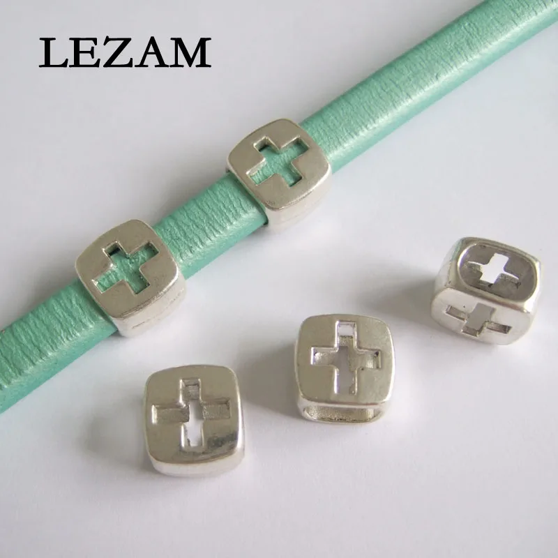 

10pcs Antique Sliver Licorice Slider Jewelry Fittings Carved Cross Beads For 10*7mm Leather Cords Bracelets Jewelry Making