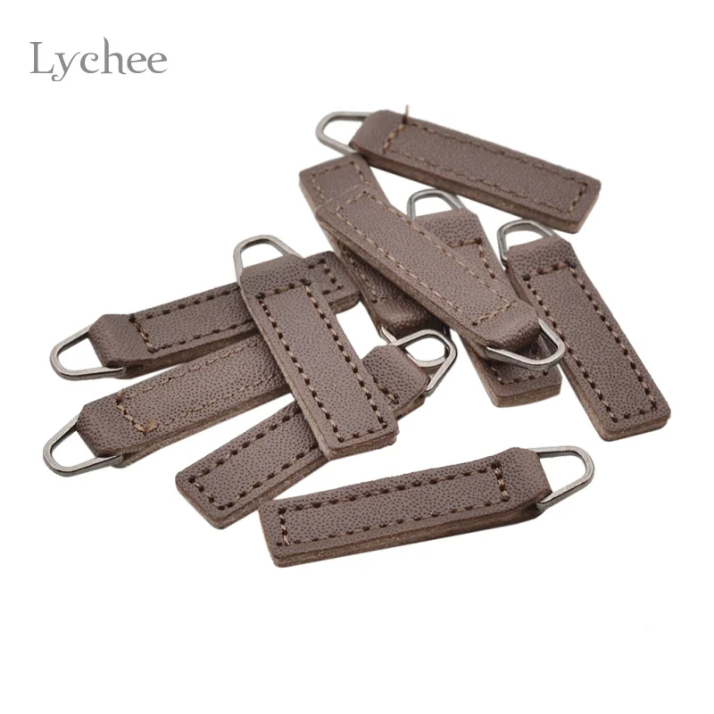Lychee Life 10pcs Leather Zipper Tag Black Coffee Zip Head DIY Handwork Sewing Tailor Tools Clothing Accessories