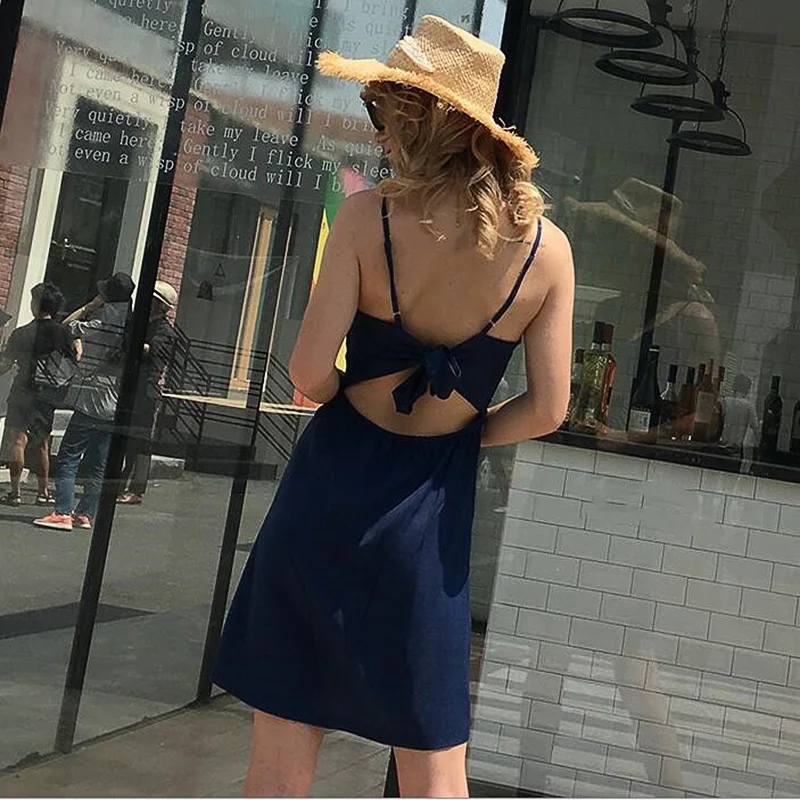 

2019 New Solid Color Sexy Sling V-neck Back Strap Single-breasted Beach Dress Cotton Summer Best Selling Dresses