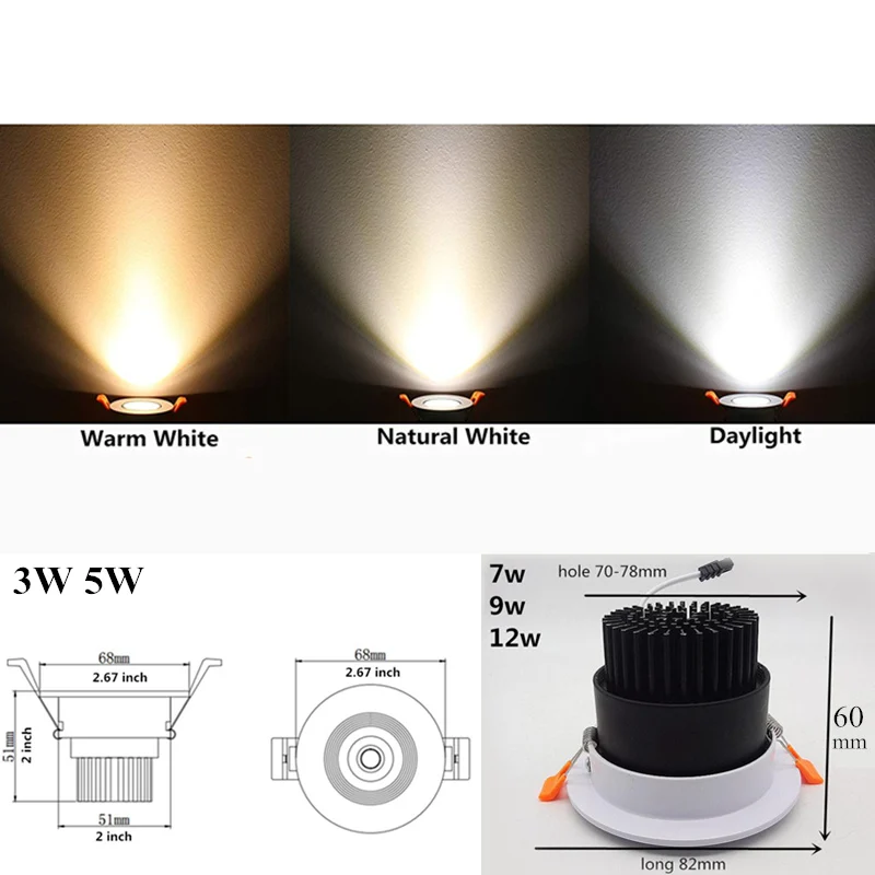3 Вт 5 Вт 7 Вт 9 Вт 12 Вт круглый утопленный светодиодный блок потолочный светильник затемнения 220 В 110 В Теплый/натур/холодный белый Epistar