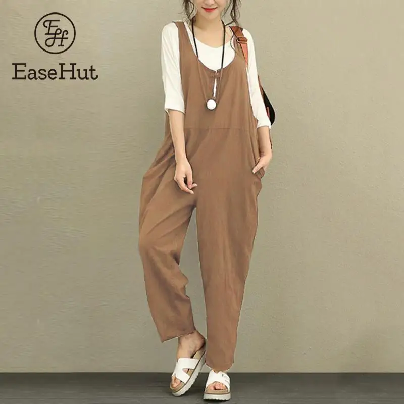 EaseHut Retro Cotton Linen Rompers Womens Jumpsuits 2018 Female Backless Overalls Playsuit Plus Size Pantalon Palazzo macacao 