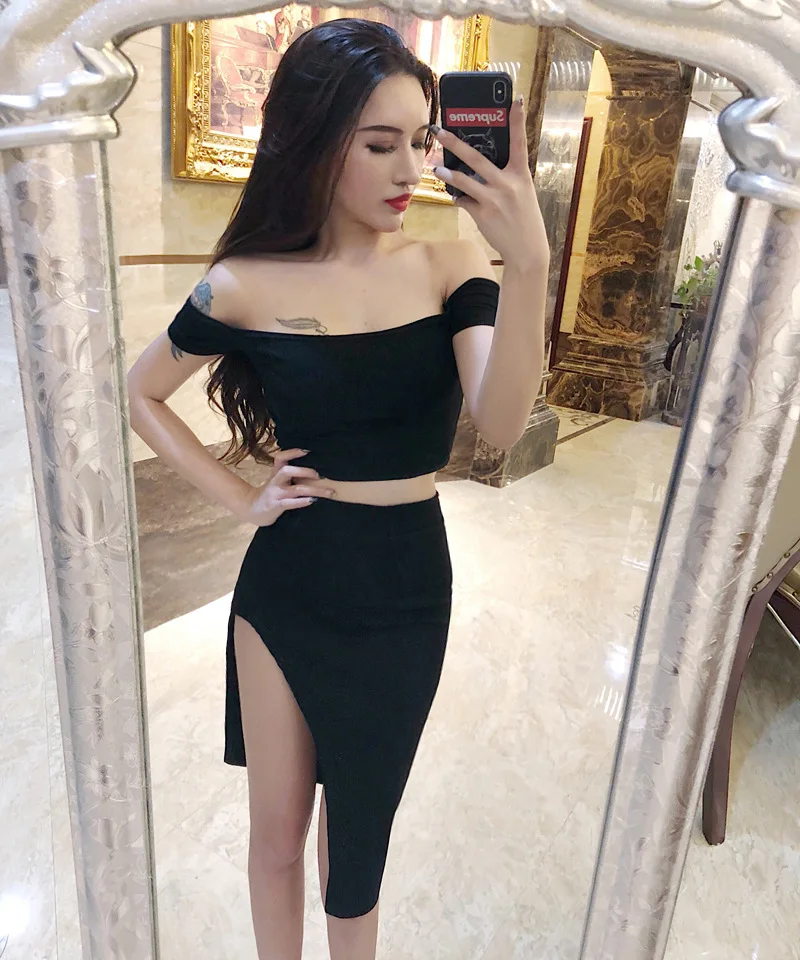 SLASH NECK Sexy women top quality black white red sleeveless v neck mini two piece Bodycon bandage dress wholesale