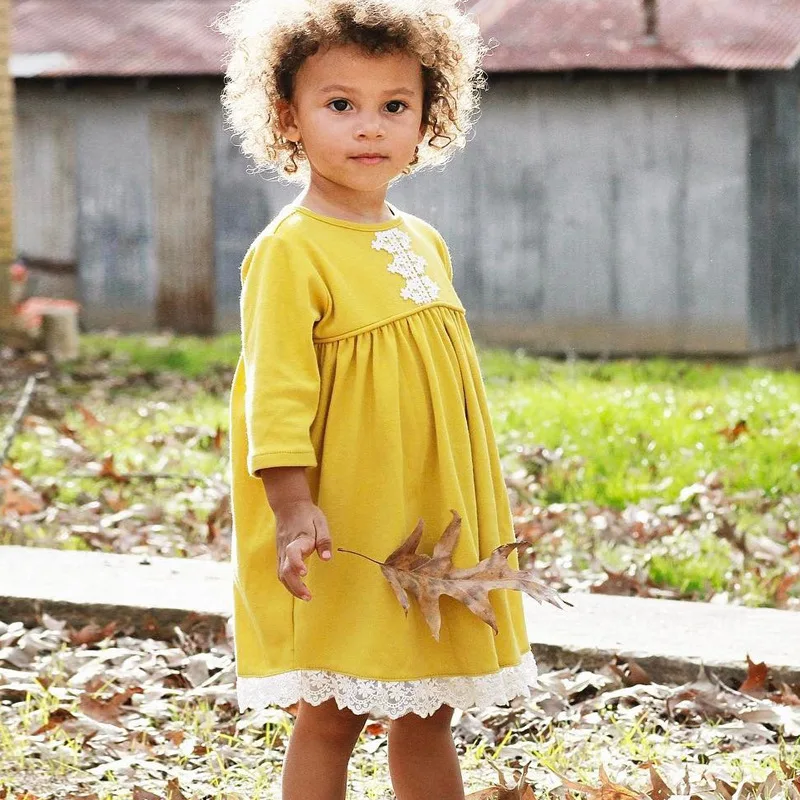 Mother nest 2018 Baby Long Sleeves Yellow Girls Dress Autumn Children Clothing Lace Cotton Toddler Dresses For Party Birthdays (4)