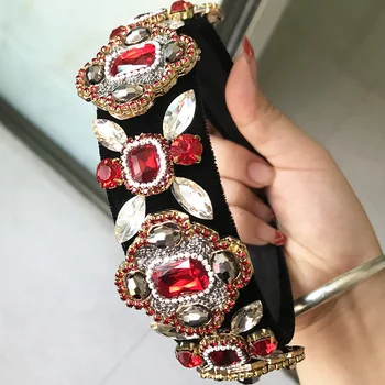 

New Limited Edition Baroque Crown Full Rhinestone Handmade Hair Bands Red Crystal Velvet Wide Headband Wedding Hair Jewelry