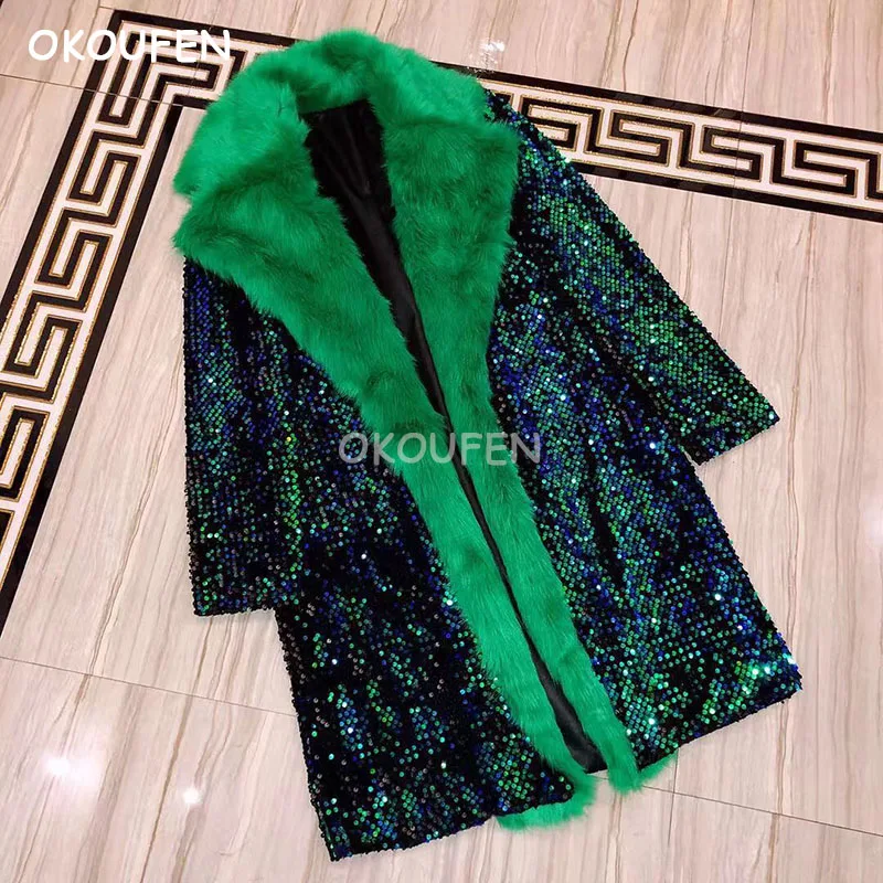

Christmas Theme Green Colorful Faux Fur Long Jacket Costume Bar Nightclub Male Singer Dj Ds Stage show performance wear