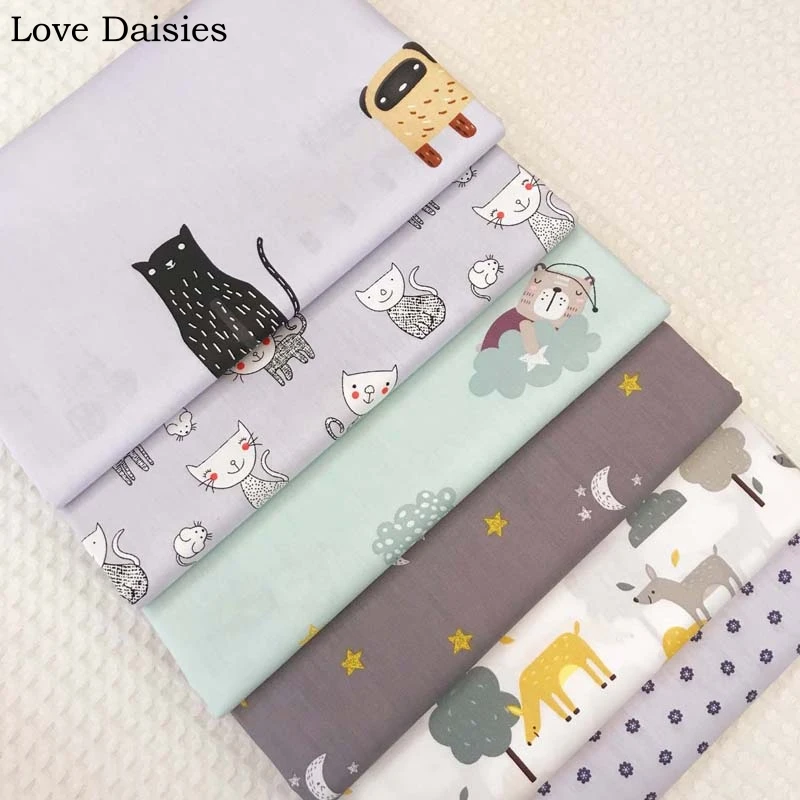 

100% Cotton Twill Textile Nordic Wind GRAY BLUE Cartoon Animals Cats Moon Stars Deer Fabrics for Bedding Apparel Handwork Decor