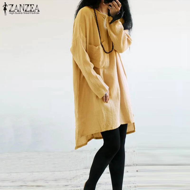 

Plus Size 2019 Autumn ZANZEA Women Long Sleeve Solid Tops Winter Long Blouse Casual Baggy Cotton Linen Long Shirt Work Chemise