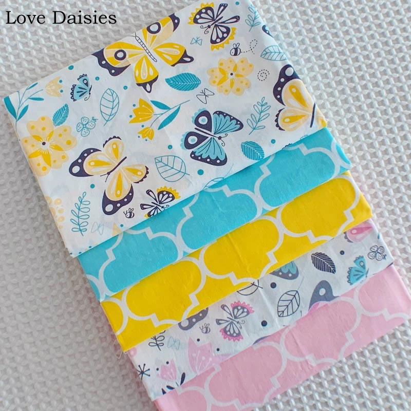 

100% Cotton Twill PINK YELLOW Cartoon Butterfly Flower Blue Pink Yellow Lantern Fabric for DIY Bedding Apparel Dress Sheet Decor