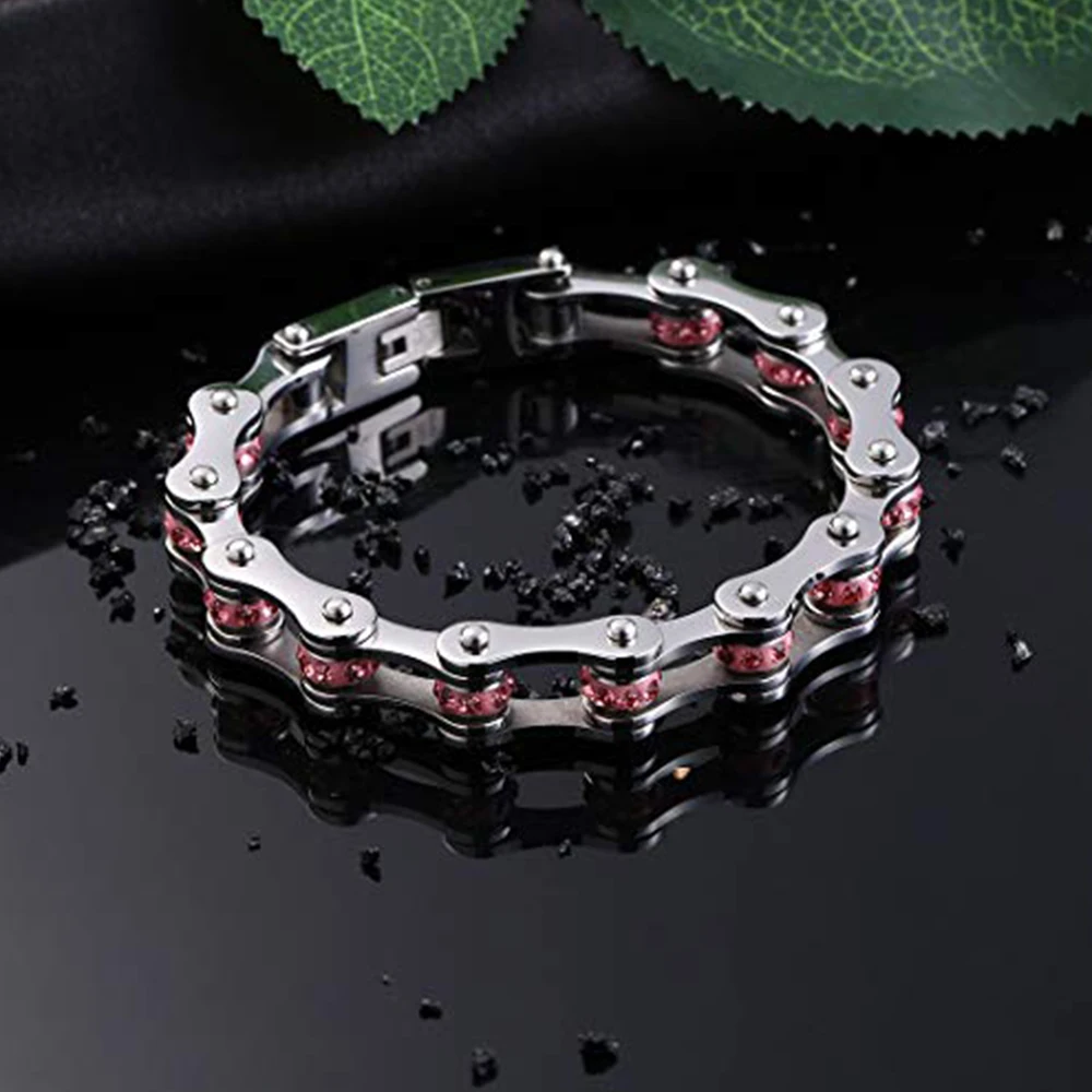 Punk Hot sale Chain Bracelets for Women Men Stainless Steel Bike Link Rhinestones Wrist Chain Moto Steel Bracelet