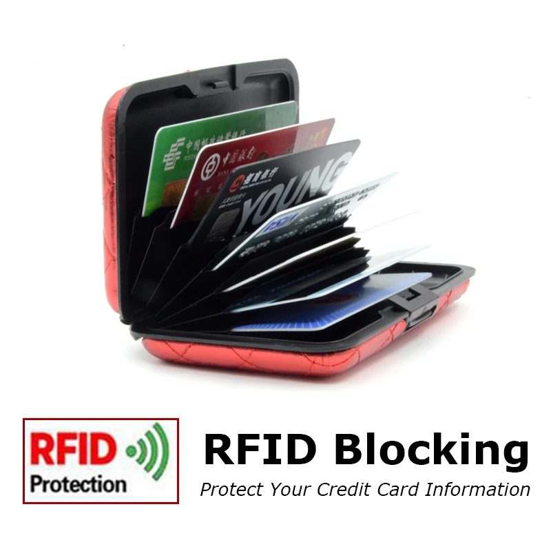 BONAMIE Красный Алюминиевый Rfid кошелек для женщин визитница из искусственной кожи пластиковая коробка для карт металлическая Кредитная карта и держатель для ID Чехол