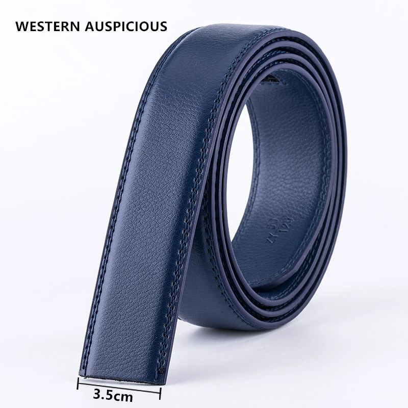 WESTERN AUSPICIOUS Belt No Buckle 3.5CM Cowskin Genuine Leather Belt Men Without Automatic Buckle Strap Blue Red Coffee Brown dragon belt