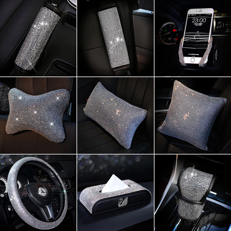 Luxury Rhinestones Crystal Car Seat belt cover pad Neck pillow Waist
Support Steering wheel cover Auto Interior Accessories