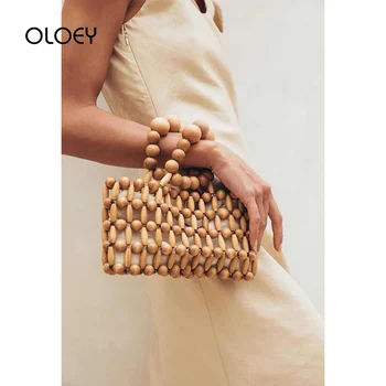 

Ins Hand-woven Wooden Bead Handbag Women High Quality Shoulder Bags Summer Bohemian Bali Beach bag Vintage Bamboo Top-Handle Bag