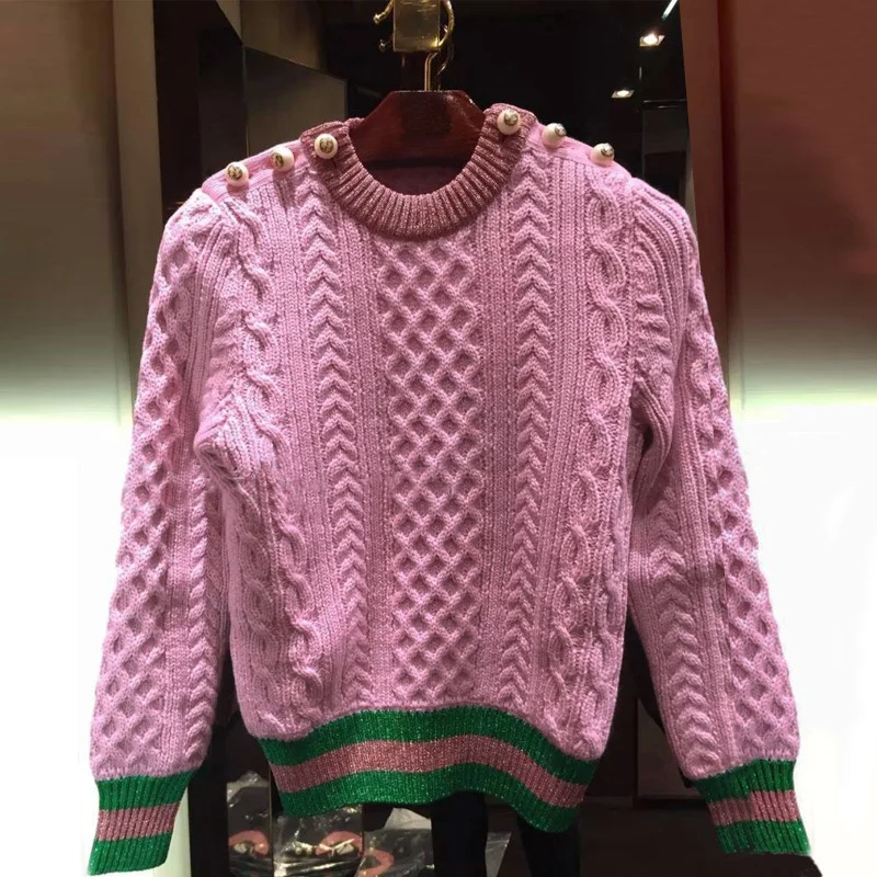 

Runway Designer Pearls Pink Sweaters and Pullovers Women Autumn Winter Striped Female Knitted Jumper 2019 Christmas Clothing