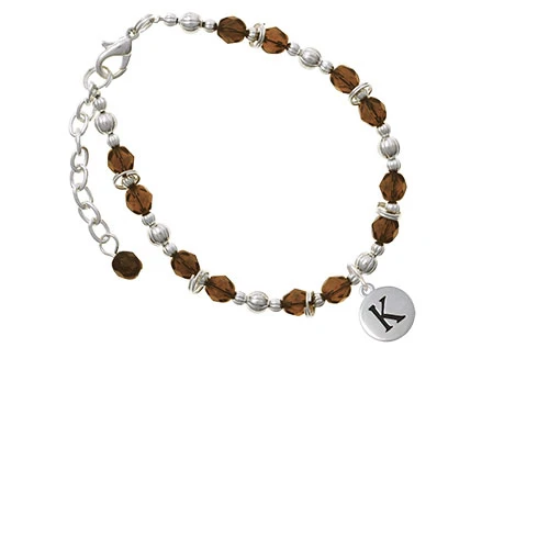 Silvertone Capital Letter - K - Pebble Disc - Brown Beaded Bracelet