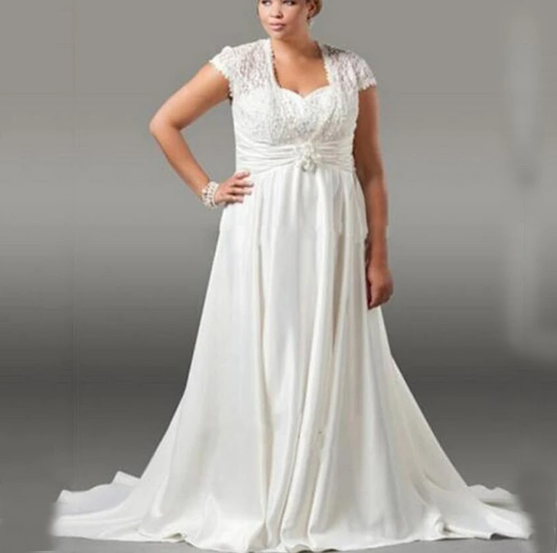 Plus Size Ivory Long Chiffon Wedding Dresses A Line Sweetheart Cap