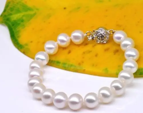 

FREE SHIPPING HOT sell new Style >>>> 7.5" 8-9mm AAA Akoya White Pearl Beaded Bracelet 925 Silver Handmade