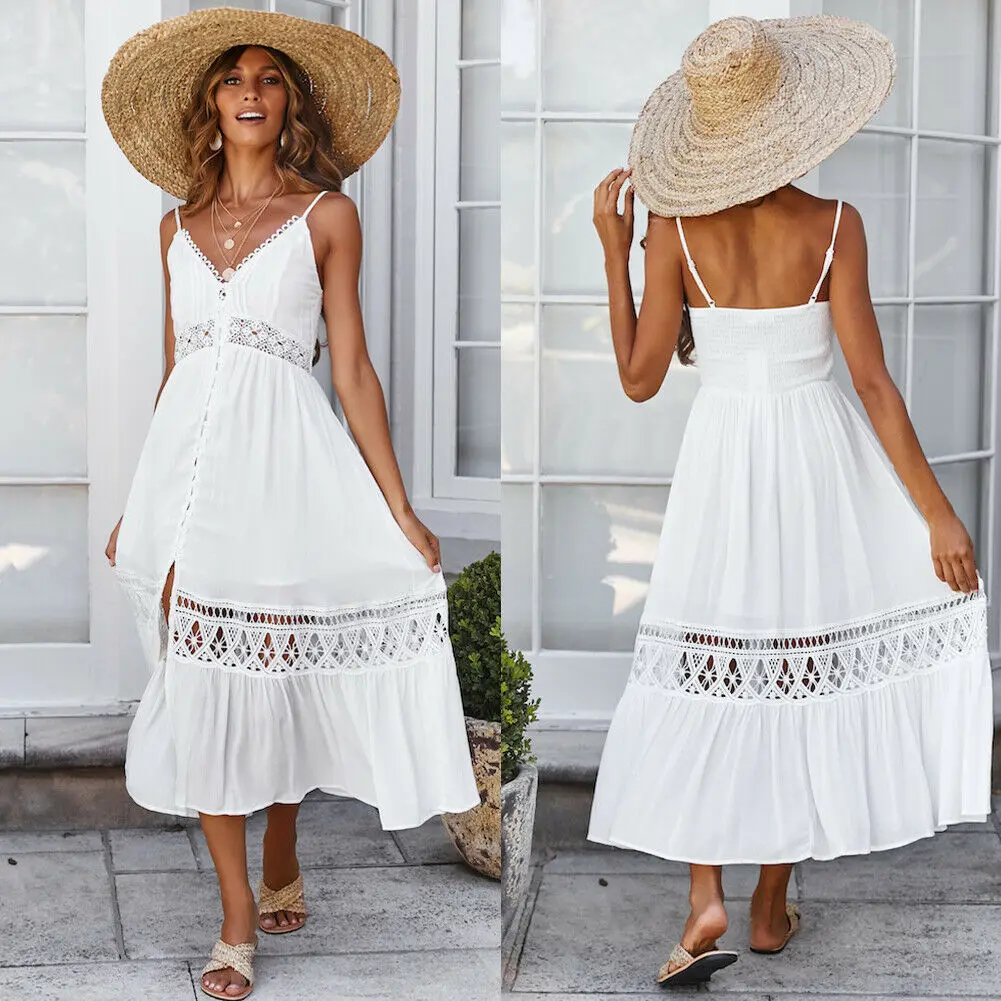 

NEW Hot Women Dress Summer Boho Backless Lace Long Maxi Dress Evening Party Beach V-Neck White Sundress