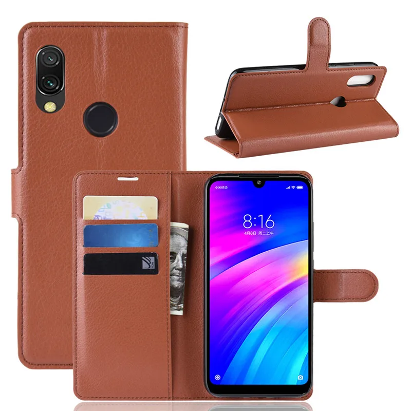 Кожаный чехол для Xiaomi Redmi 7, чехол из искусственной кожи, мягкий ТПУ с отделениями для карт, с рисунком личи, флип-кошелек, чехол для телефона Redmi 7, чехол