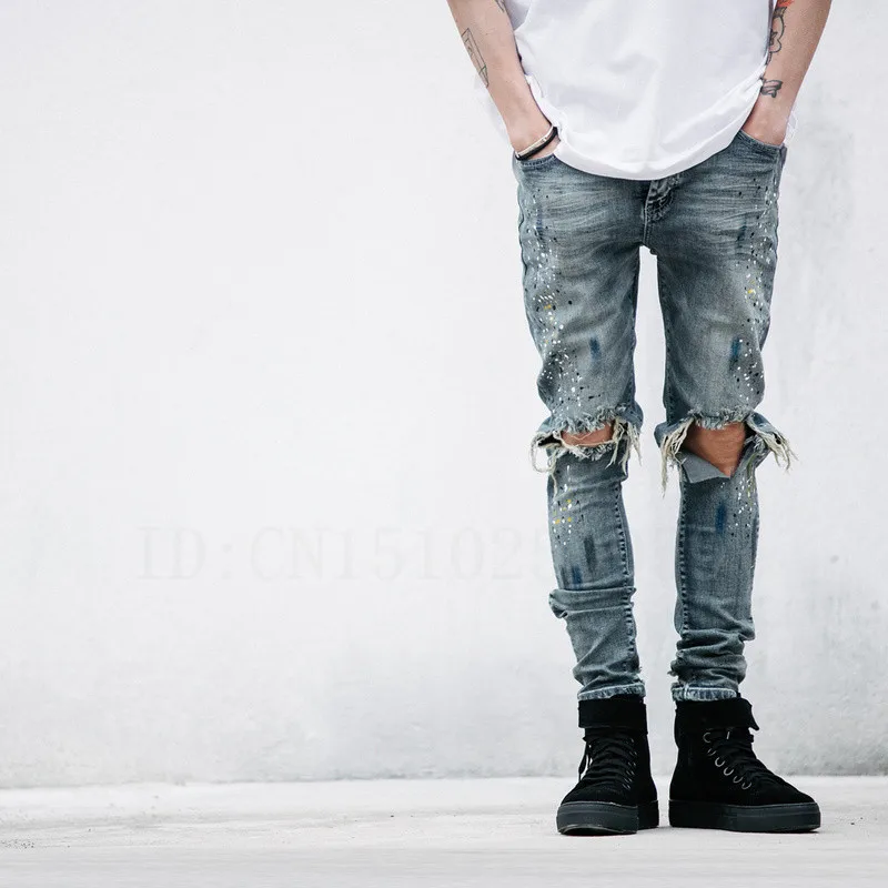 2016 30 36 джинсы мотоцикл черный рок звезда отверстия на коленях destroyed Skinny Ankle Zipper