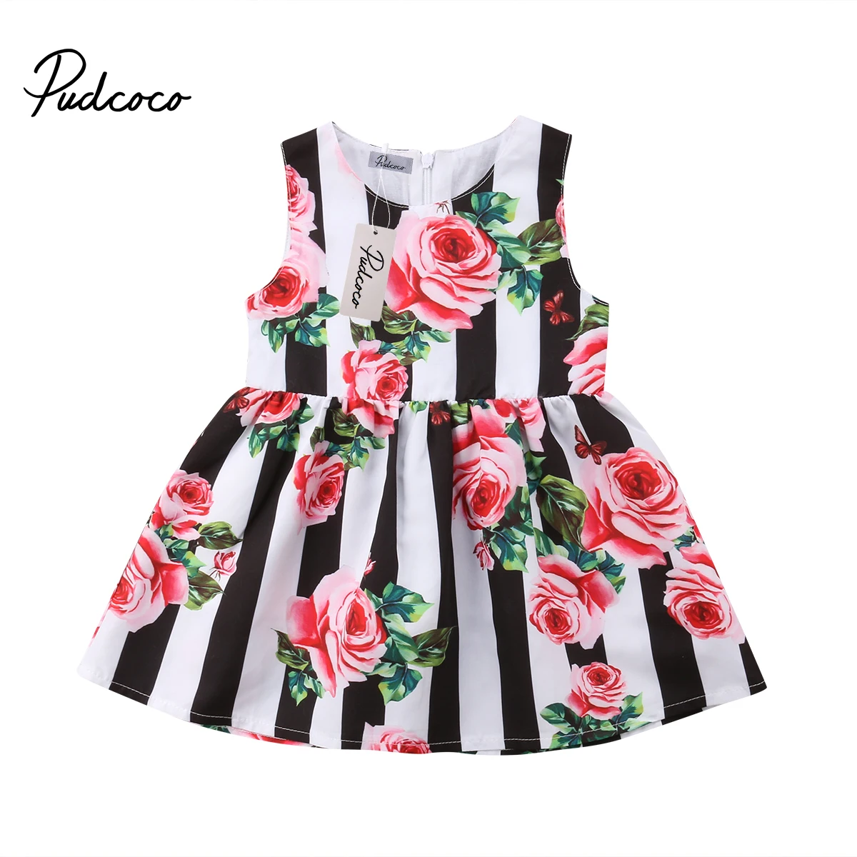 

2018 Brand New Toddler Kid Infant Baby Girls Summer Dress Sundress Sleeveless Striped Flowers Knee-Length Dress Outfit 6M-6Y