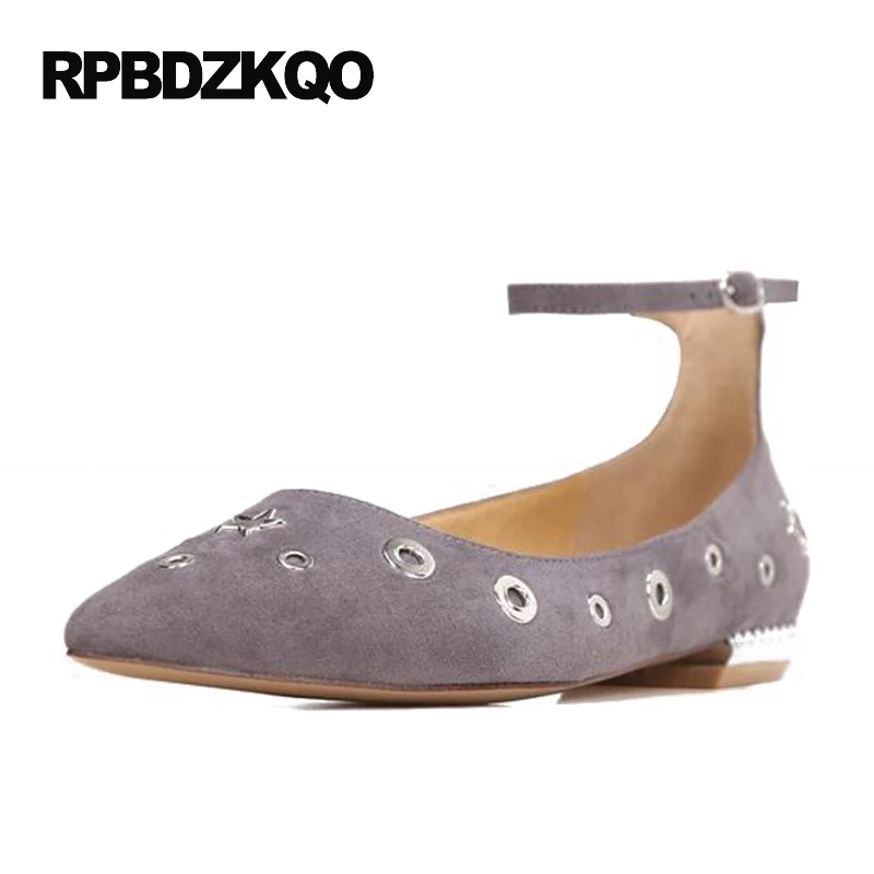 

Women Ankle Strap Famous Brand Shoes Grey Pointed Toe Metal Suede Flats European Gray Designer Dress Party Latest Beautiful