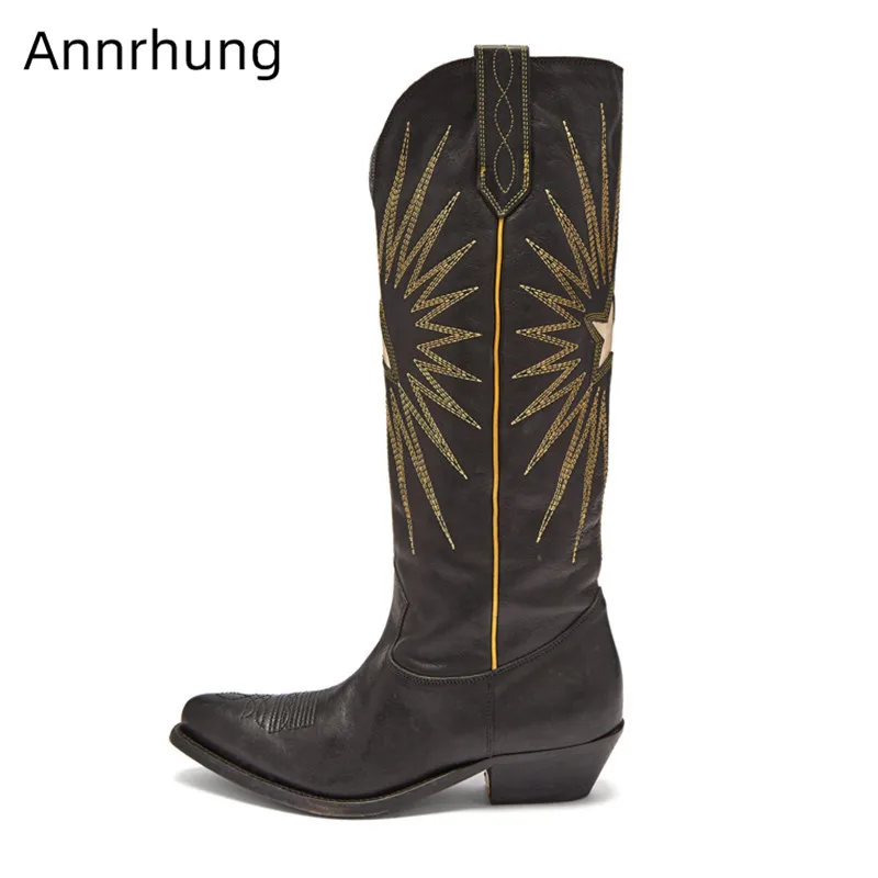 

Retro Genuine Leather Knee-High Boots Sewing Botas Star Decor Chunky Heels Sexy Pointed Toe Knight Boots Women Long Botas Mujer