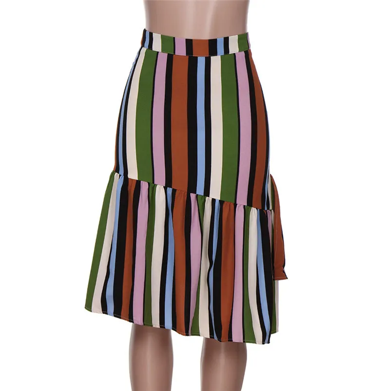 Новая мода Летний стиль женские юбки в стиле casual Женская Полосатая печать нерегулярные юбка складки рюшами Длинная Юбка Saia Y04