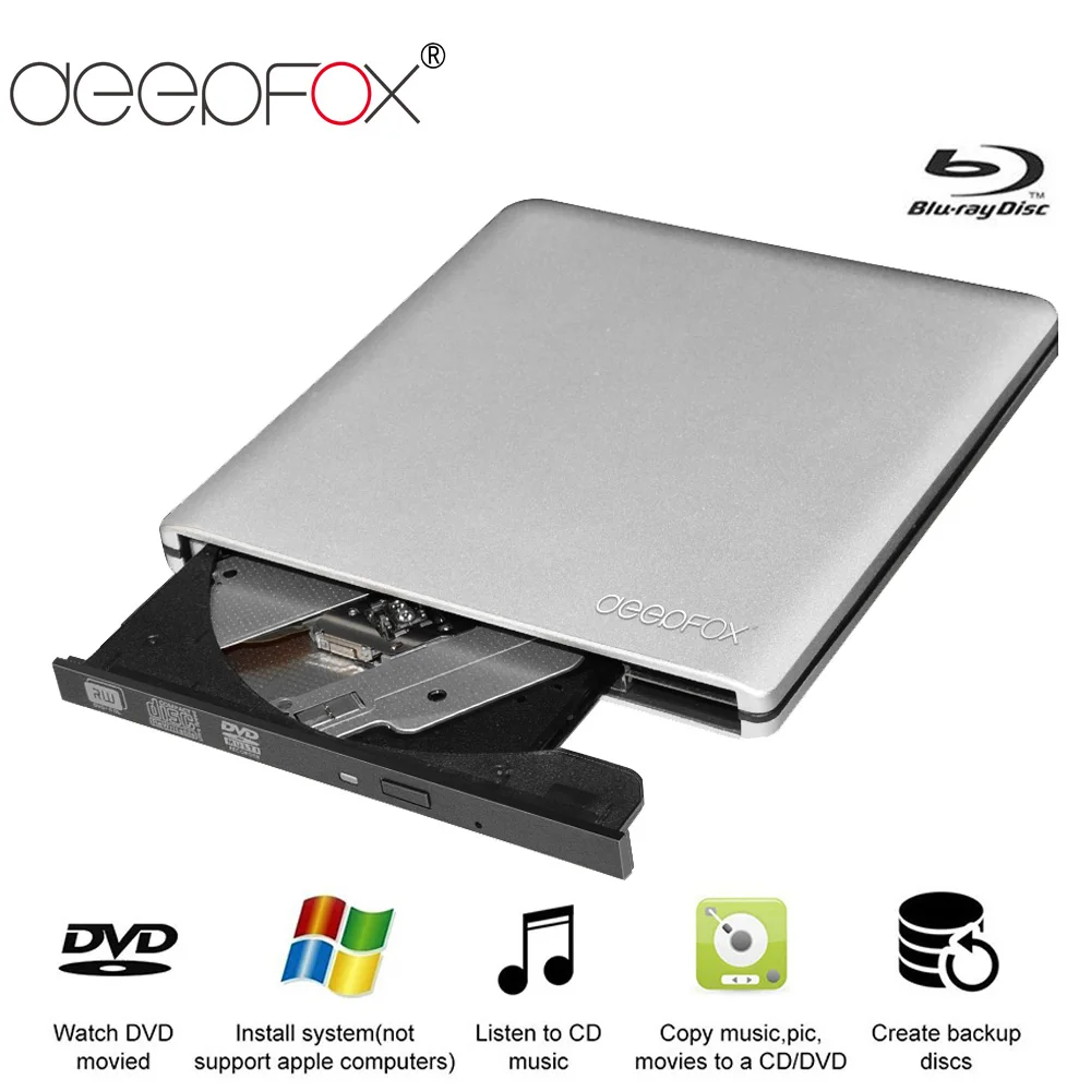 Deepfox Aluminium Blu-Ray Drive Slim USB 3.0 Bluray Burner BD-RE CD/DVD RW Writer Play 3D 4K Blu-ray Disc For Laptop Notebook