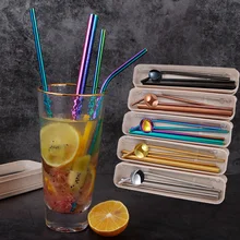 Многоразовые, для питья соломы 304 металлическая соломинка из нержавеющей стали с чистящей щеткой для чашки 4* Металлическая соломинка 2* очиститель Push 1* соломенная подарочная коробка