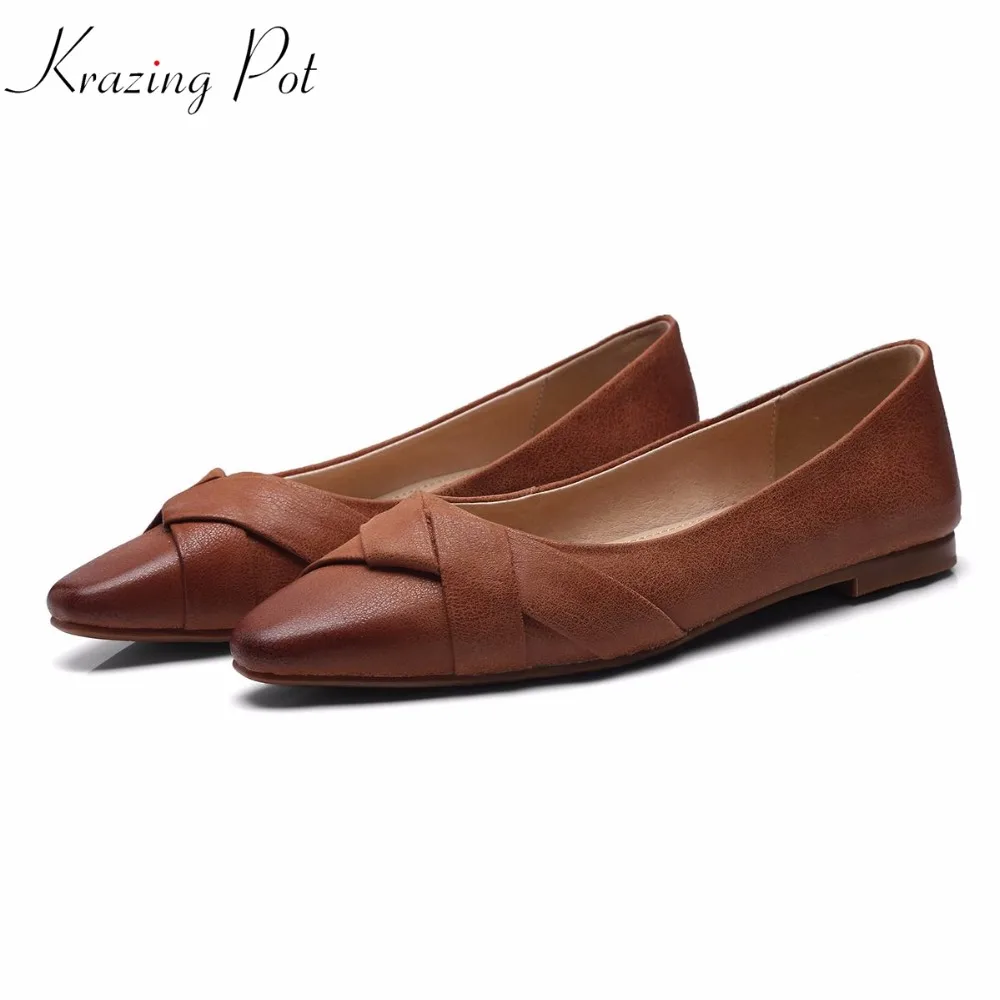 

Krazing pot 2019 women brand flats pointed toe soft genuine leather Autumn color all-match elegant slip on hand made shoes L67