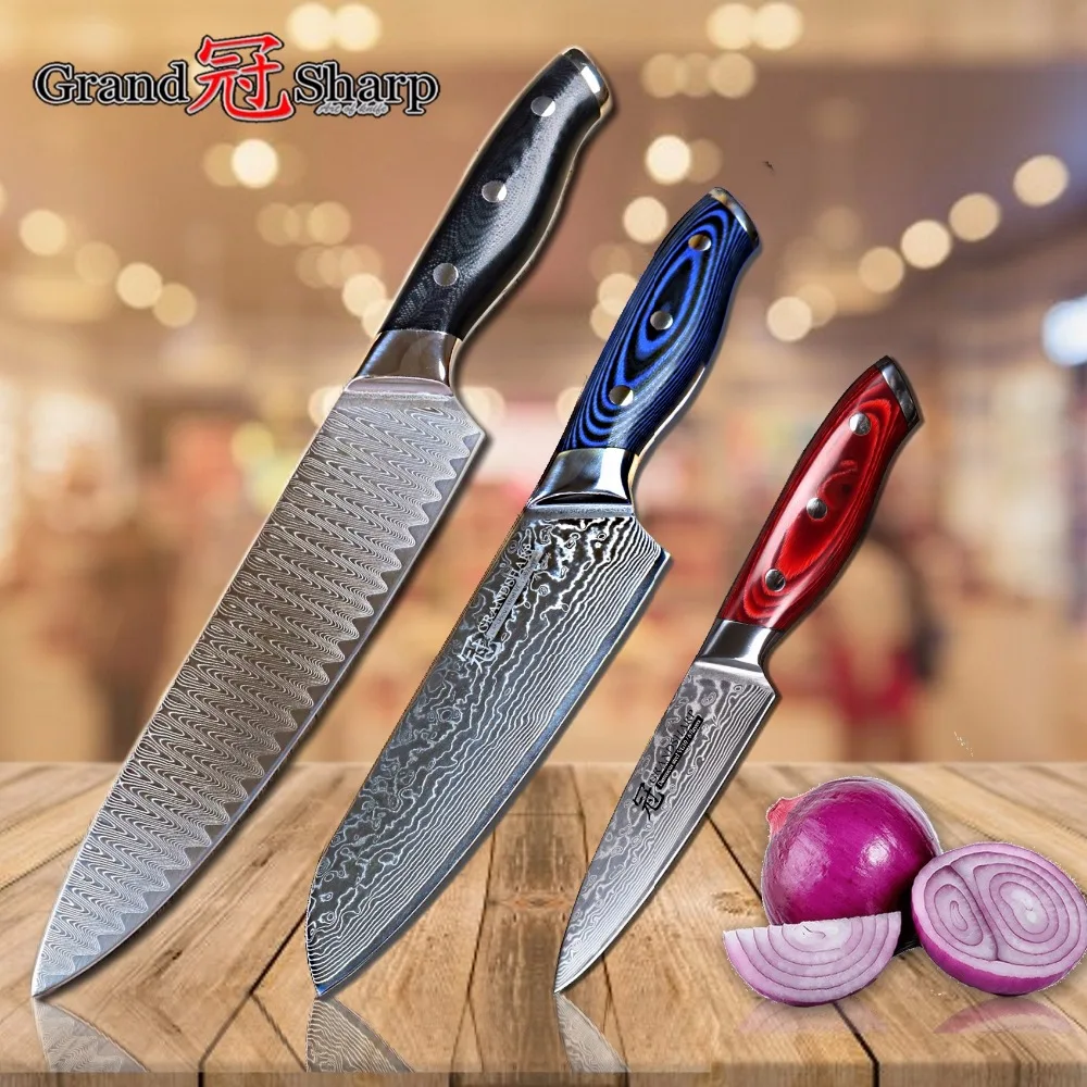 GRANDSHARP 3pcs Damascus Knife Set 67 Layers Japanese Damascus Steel