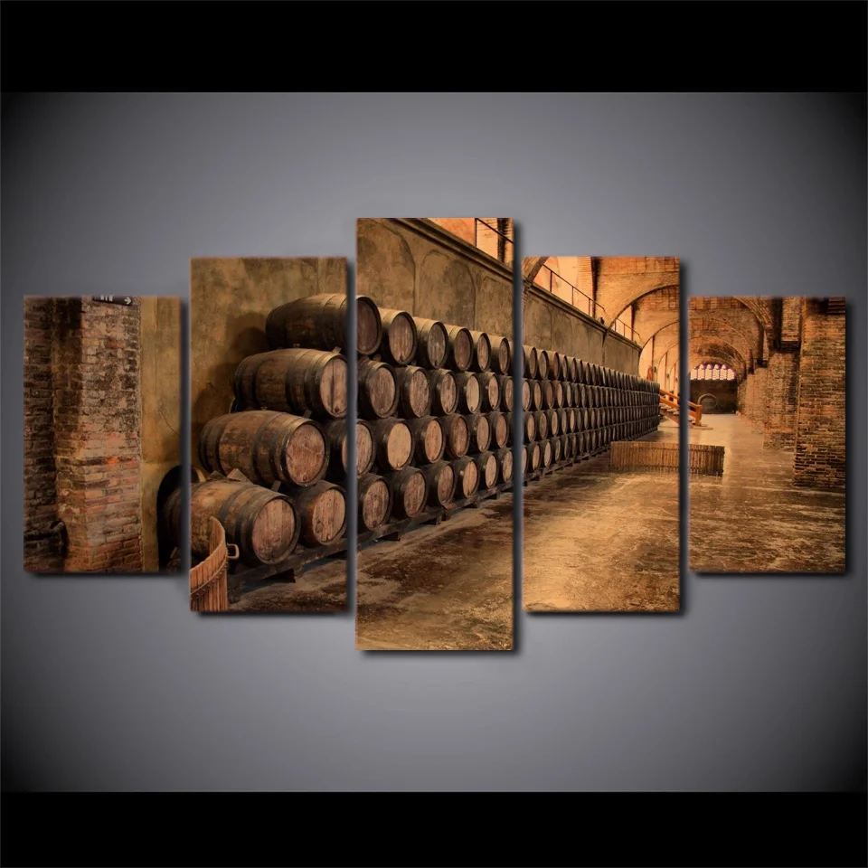 5 Pieces Wine Cellar Barrels Wall Art Canvas Pictures For Living Room