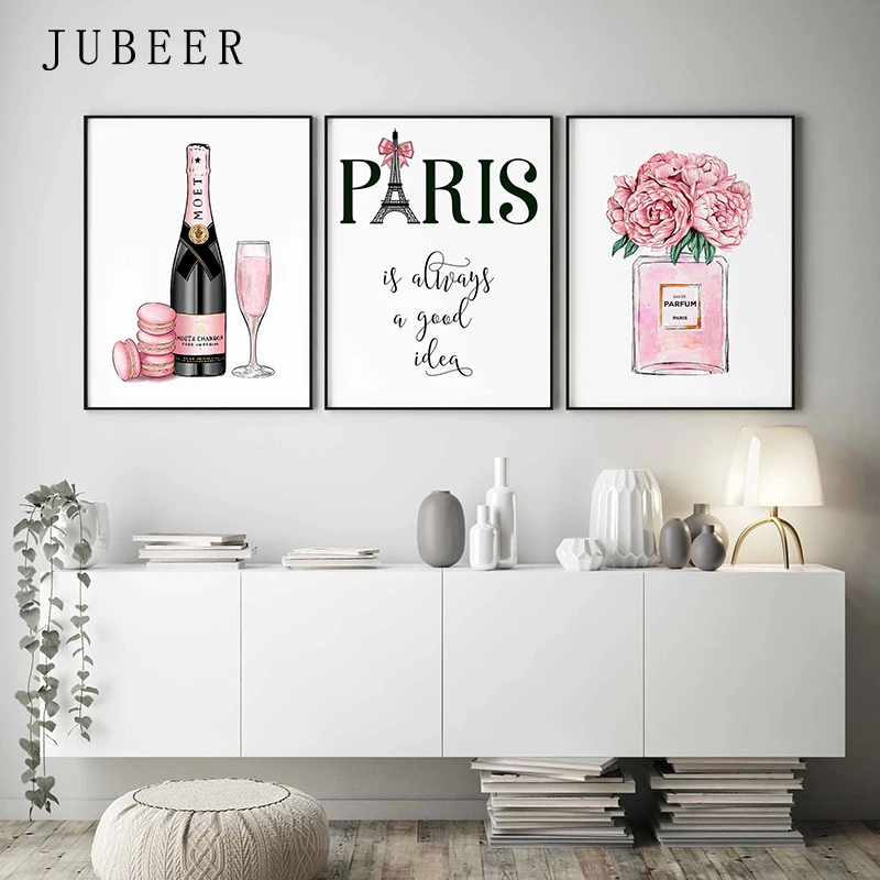 Модные художественные плакаты и принты шампанское духи плакат Париж башня холст живопись для гостиной украшения картины