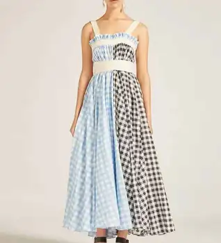 

Fashion Patchwork Women Plaid Print Dress Elegant Sexy A-Line Dresses J0616